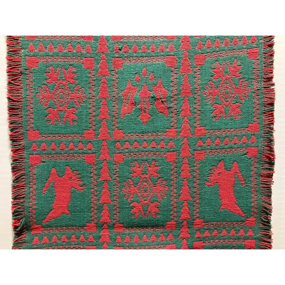 Christmas Tapestry Red Green Woven Table Runner 15x70 Reindeer Snowflake Vintage